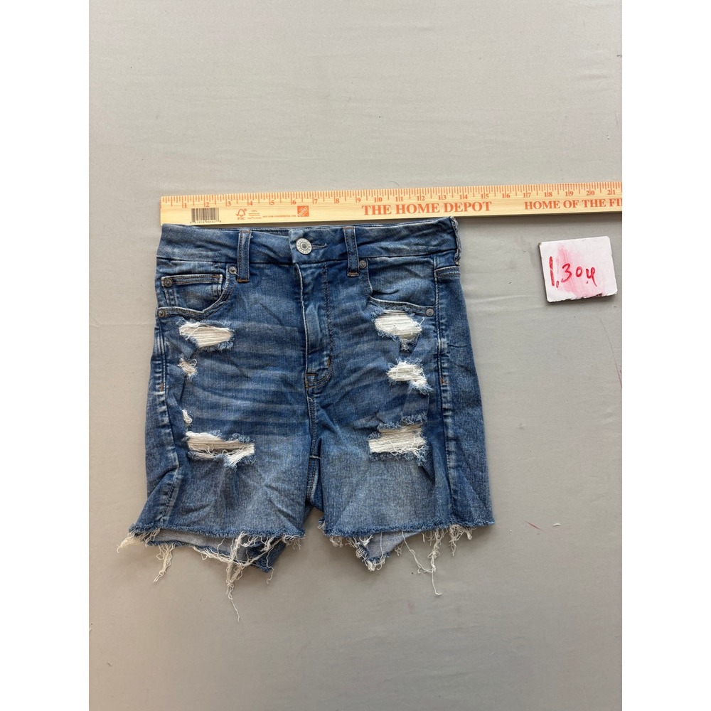 American Eagle Curvy Hi-Rise Shortie Distressed Denim Shorts Blue Size 4